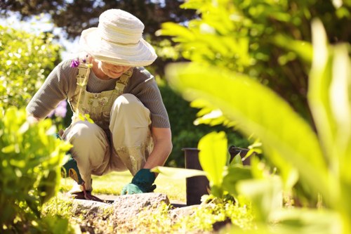 A woman wearing a large white sun hat, beige apron, and gardening gloves is tending to a garden in a residential outdoor space, possibly in Uxbridge. She is kneeling on the grass, using a small hand tool to work on a flower bed bordered with wooden edges. The garden features a lush, well-maintained lawn with dense, leafy green foliage and shrubbery in the background. Bright sunlight illuminates the scene, casting natural light across various plants and creating soft shadows. The garden area includes a variety of plants and flowers, with some visible in the foreground and background, and the overall setting reflects a tidy and thoughtfully landscaped outdoor space. The scene illustrates typical garden maintenance activity, supporting local gardening and landscaping services in the Uxbridge area such as those offered by Gardening Services Uxbridge, emphasizing natural plant growth and garden upkeep in a domestic environment.